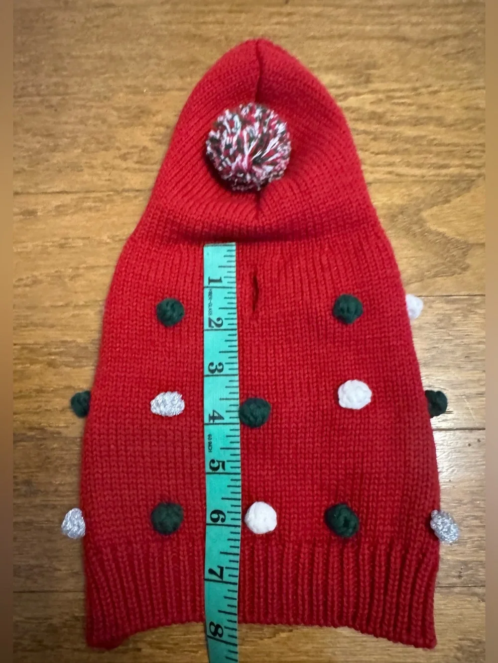 Martha Stewart Red, Green, White, & Silver Pom Pom Hoodie Puppy/Dog Sweater, XS